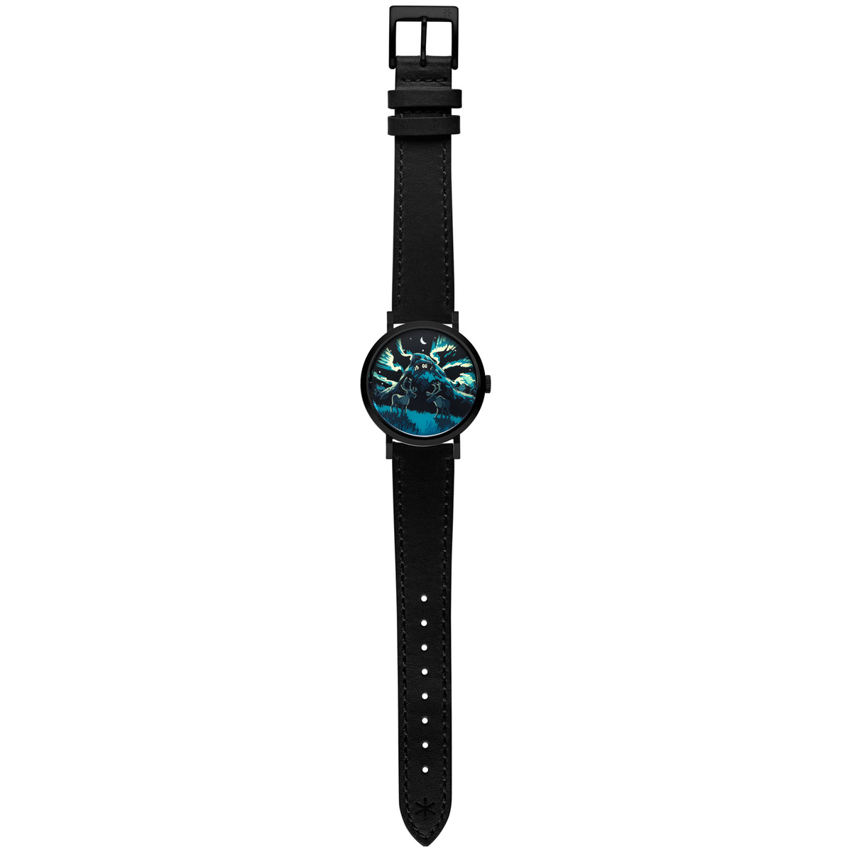 A wristwatch with a black leather strap, black case, and a round dial featuring a blue and black abstract pattern, shown against a plain white background.