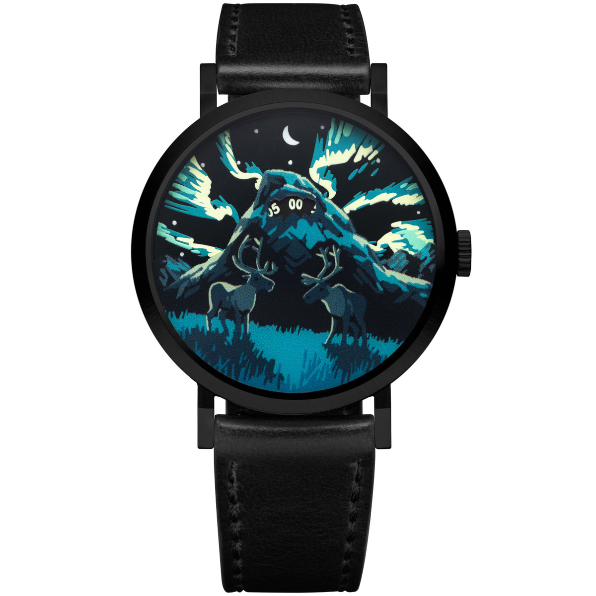 A round analog watch with a black leather strap and a black case, featuring a stylized graphic dial illustration of moose in a mountain landscape at night with blue, teal, and white tones.