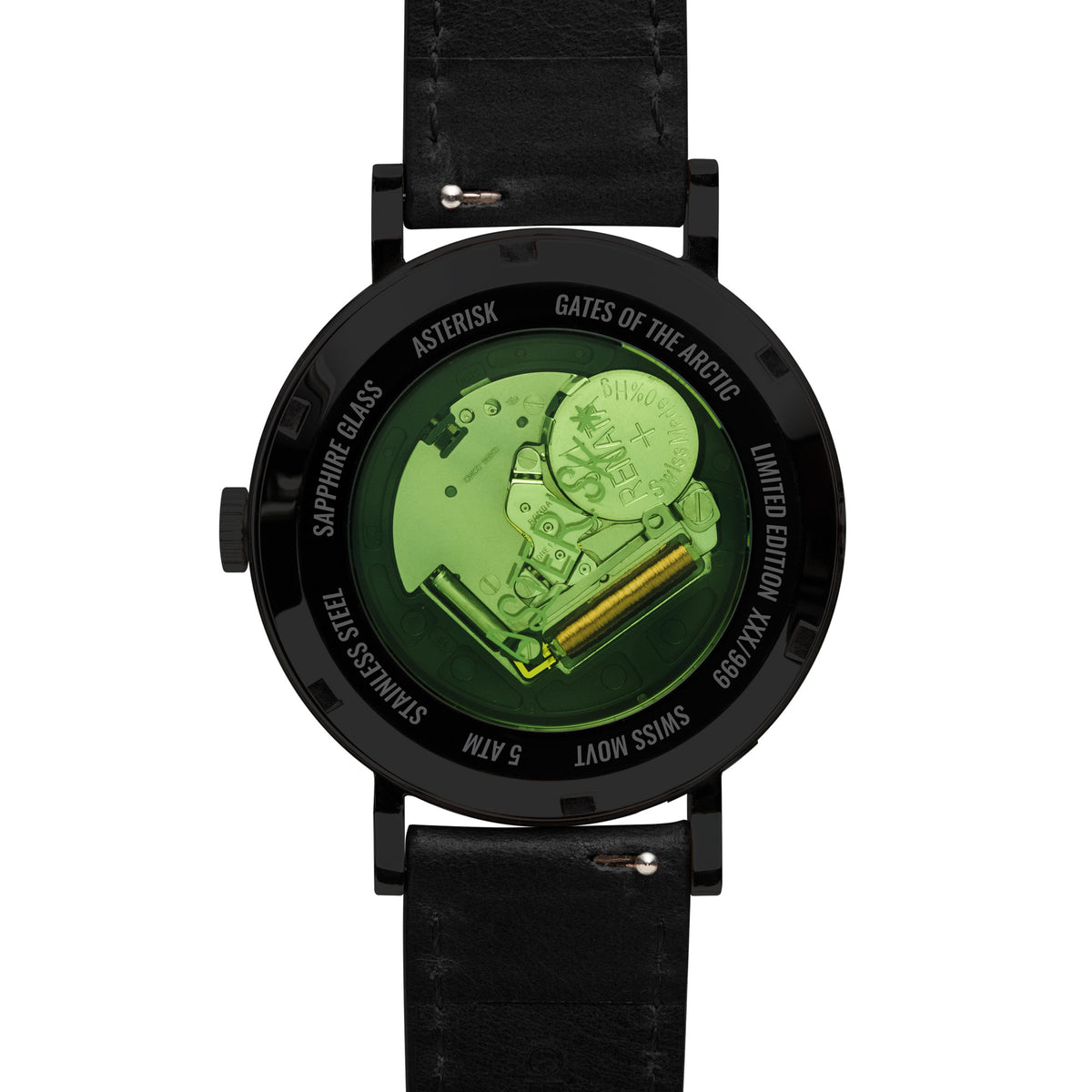 A black leather strap watch with a black case and a green-tinted open-back dial showing the internal mechanical movement. The bezel features white text including 'ASTERISK', 'GATES OF THE ARCTIC', and 'SWISS MOT'.