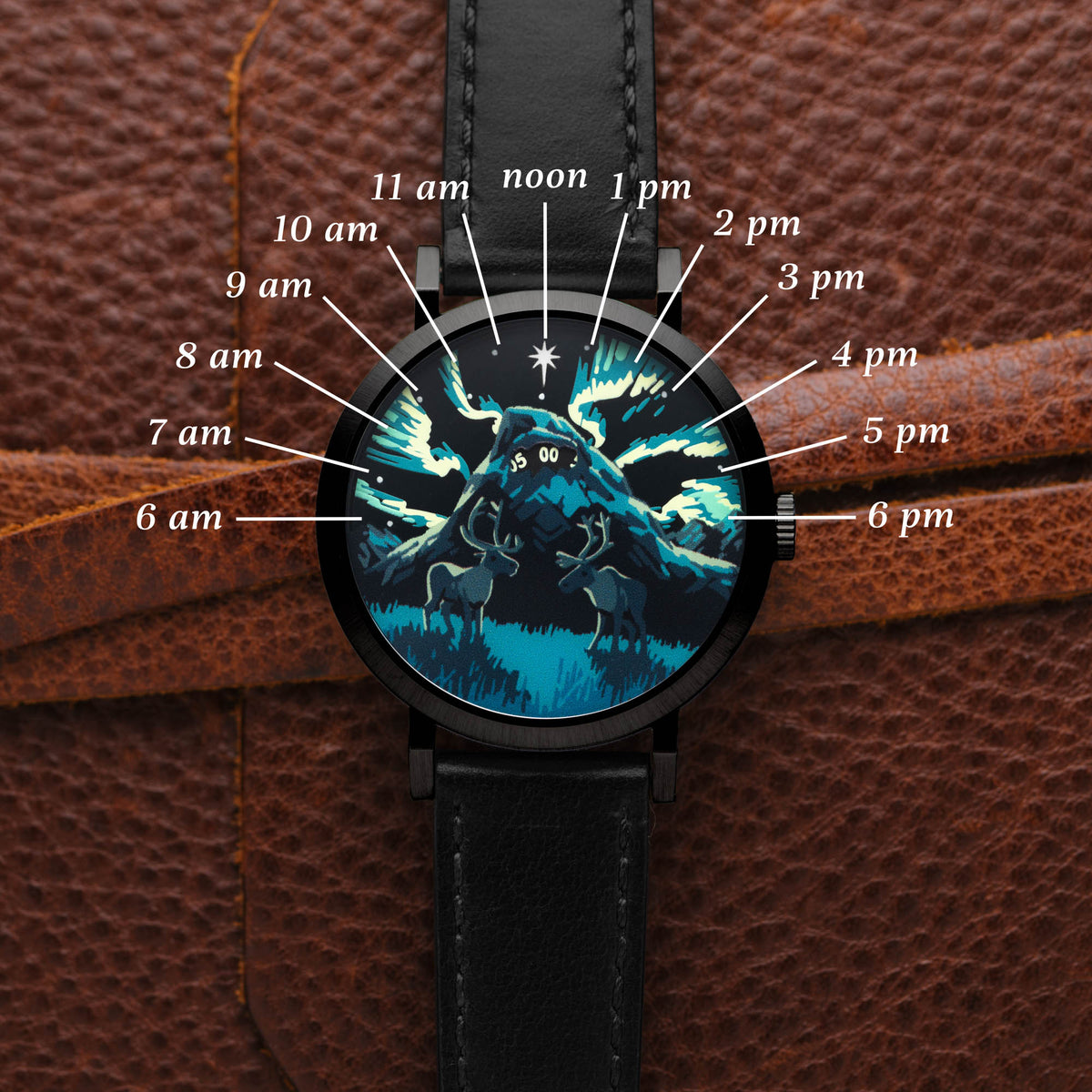 A black leather strap watch with a round face featuring a blue and black night-sky scene with deer and stars. White labels point to each hour from 11 am to 6 pm around the dial.